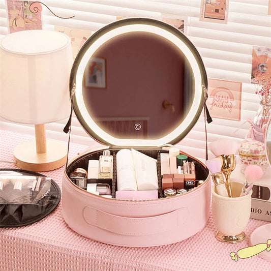 Round Smart LED Cosmetic travel Case with Mirror